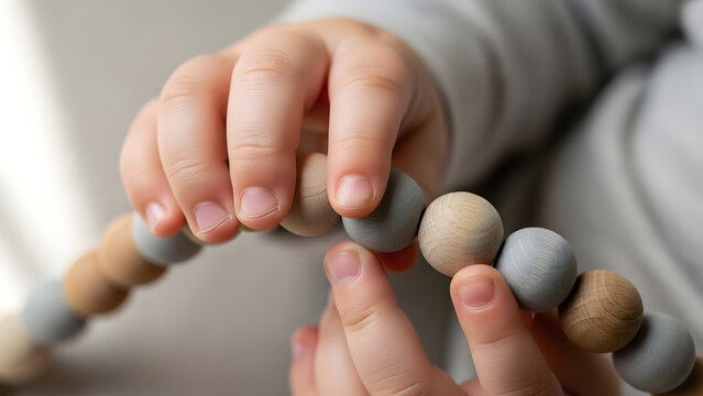 Close up of baby hands grasping a wooden beaded teething toy focusing on tactile sensory development and motor skills