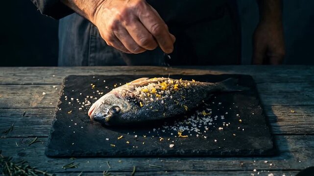 Chef's hand seasoning a fresh raw sea bream with sea salt and lemon zest on a rustic slate board in a dark kitchen environment