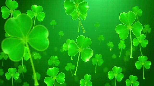 Irish shamrock background glowing green clover leaves floating in festive Saint Patrick Day celebration design for seasonal greeting banner promotion and marketing
