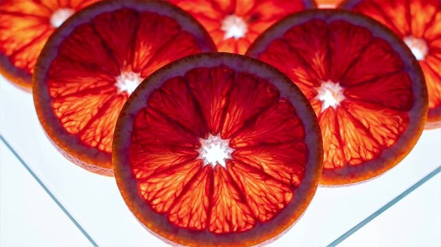 Macro close-up of vibrant backlit blood orange slices arranged on a white background.