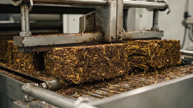 Medium shot capturing looseleaf sweetened tobacco being compressed into compact irregular bricks with mechanical press showcasing industrial production process.