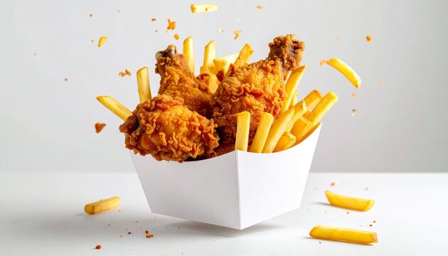 Crispy fried chicken drumsticks with golden fries