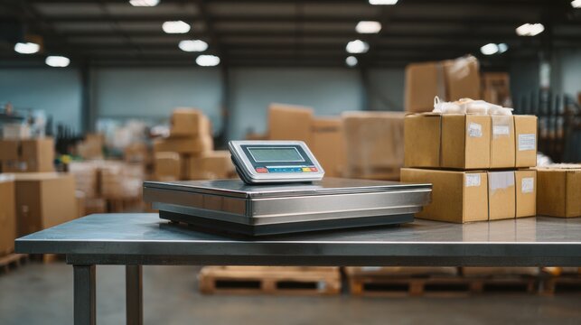 Digital Industrial Weighing Scale on a Metal Workbench in a Warehouse Setting