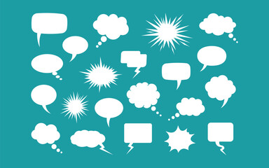 A collection of various white speech bubbles and thought clouds on a bright blue background, representing communication, ideas, and conversations in multiple styles