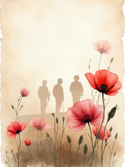 Naklejka premium Silhouettes of bravery stand amidst vibrant poppies at sunset, honoring the past and celebrating sacrifice in a tranquil scene