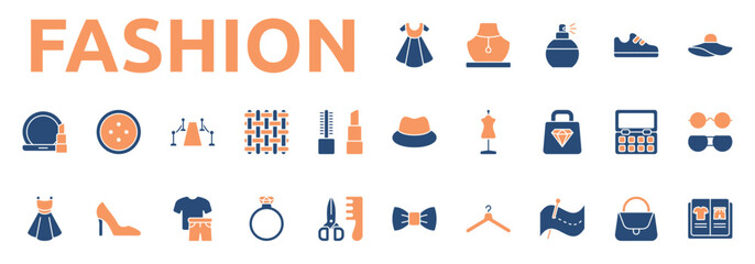 Fashion icon two color style with jewelry, perfume, shoes, female hat, hat, mannequin, luxury, eye shadow palette, glasses, bow tie, hanger icons