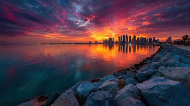 Dramatic Sunset over Doha Skyline and West Bay Reflecting in Calm Gulf Waters, Qatar