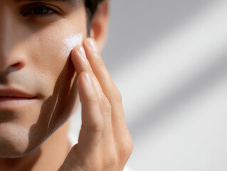 Man applying sun protection cream on face with fingers closeup