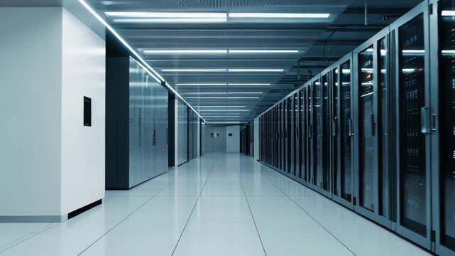 Data center corridor featuring endless rows of server racks and networking equipment, representing the backbone of modern cloud computing and information technology infrastructure