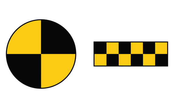 Crash Test Sign Symbol Collection, Bold Black And Yellow Warning Symbols Representing Crash Test Dummies And Automotive Safety Standards Flat Vector Illustration Isolated On White Background.