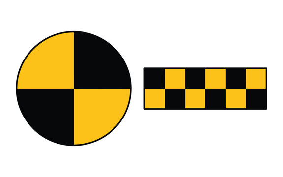 Crash Test Sign Symbol Black And Yellow Checker Crash Test Dummy Warning Sign Automotive Safety Icon Set Isolated On White Background For Vehicle Safety Design.