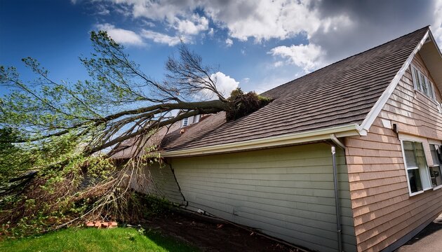 fallen tree on roof after natural disaster highlights emergency response and recovery