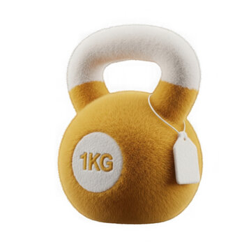 A bright yellow kettlebell with a white handle and a 1kg weight label on the front