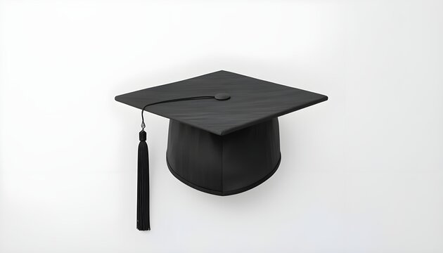 A black graduation cap and tassel on a white background symbolizing academic achievement and success