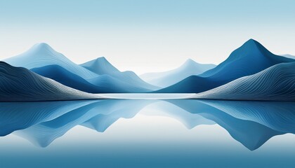 symmetrical abstract landscape with blue mountain layers and a reflective white horizon line design