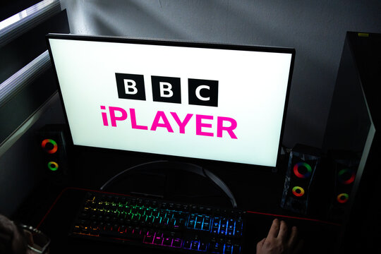 Punta Arenas, Chile &ndash; February 17, 2026: A person at a desk with the BBC iPlayer streaming service logo displayed on a computer monitor