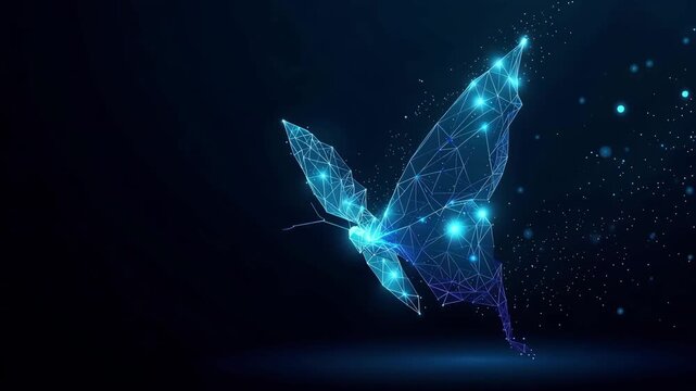 Glowing blue digital butterfly made of polygonal lines and particles on dark background