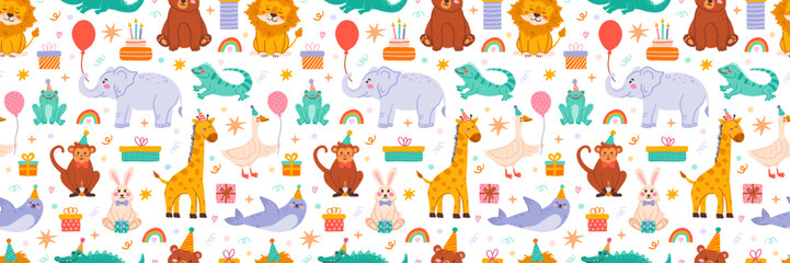 Fototapeta premium Cute colorful party happy birthday animals pattern. Lion, bear, giraffe, elephant and frog. Trendy modern vector illustration, background, flat hand drawn design for wrapping paper