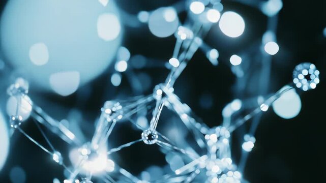 Glowing atomic spheres linking together, creating an intricate mesh of connections and representing advanced scientific discovery, research, and data networking