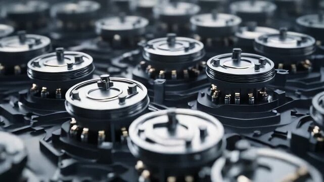Mechanical components move along an assembly line, powered by robotics and precision engineering, highlighting modern manufacturing processes and high tech industrial automation