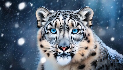 Obraz premium a majestic snow leopard with piercing blue eyes looks on as snowflakes gently fall on its thick fur