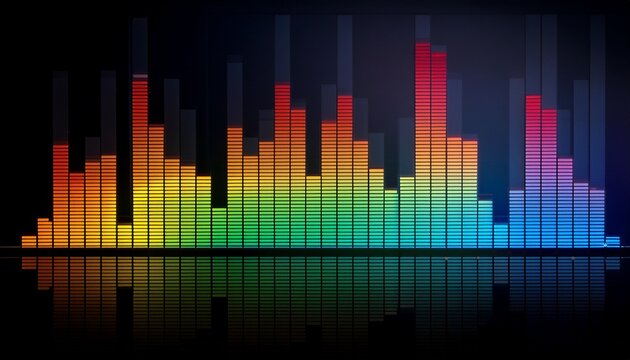 a graphic equalizer display with various colored bars reflected on a black background surface