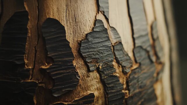 Burnt tree bark displaying rough organic texture with dark charred surfaces contrasting against raw exposed wood grain creating an abstract natural pattern