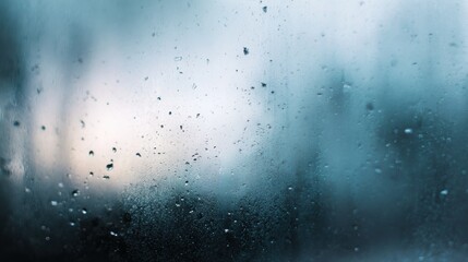 Obraz premium Raindrops on window glass with a blurred blue background on a rainy day