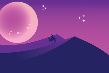 Desert landscape featuring a silhouette of a person on a camel with a large illuminated orb and starry elements in the night sky © Ulfi