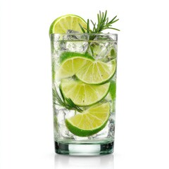 Tall glass with ice, lime slices, rosemary sprigs, and clear liquid