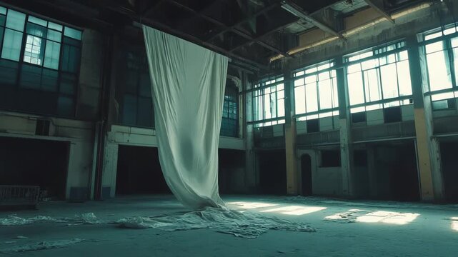 White fabric drapes dramatically from the high ceiling of a vast, abandoned industrial interior, casting long shadows and reaching the dusty floor with scattered pieces