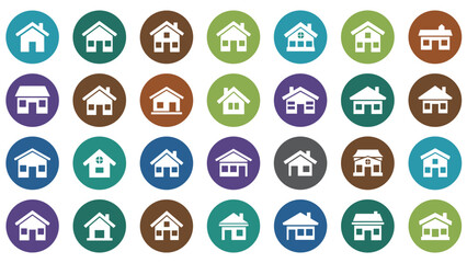 Large set of colorful circular icons featuring diverse house and home styles suitable for real estate, property, and architecture.