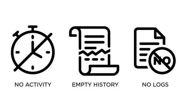 Digital Status Icons Representing No Activity, Empty History Records, and Absence of Log Data for Privacy and System Management