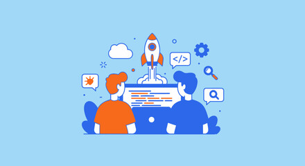 Team collaborating on a project with a rocket launch symbolizing success viewed from behind in a modern workspace