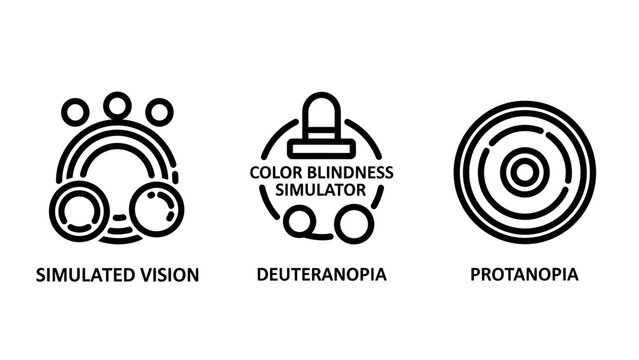 Color Blindness Simulation Icons: Simulated Vision, Deuteranopia, and Protanopia for Accessibility Testing and Design.