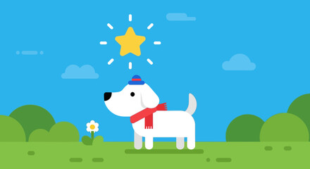 A cartoon dog wearing a red scarf and blue hat stands in a green field with a flower and star © Fendi