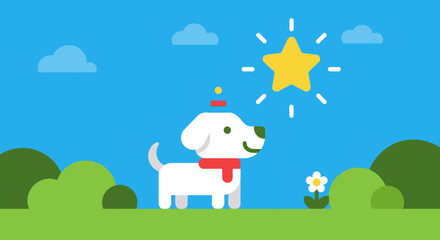 Obraz premium A cartoon dog wearing a red scarf stands in a green field under a bright yellow star
