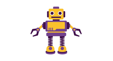 A vibrant robot illustration standing upright with mechanical limbs and a bright yellow body on a plain background from a front viewpoint © Fendi