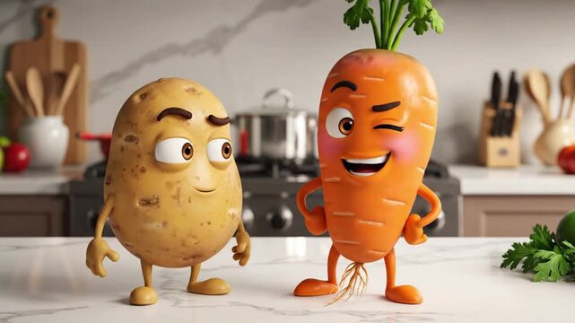 Animated 3D render of a winking carrot character standing next to a curious potato character in a bright kitchen setting, showcasing anthropomorphic vegetables with expressive faces and limbs.