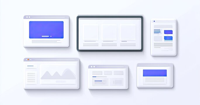 Minimalist digital screens displaying various interface layouts and design elements