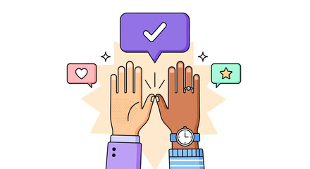 Diverse hands high-five surrounded by social media icons in a vibrant digital illustration