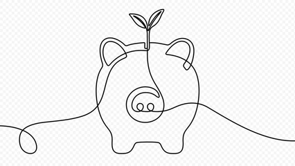 Piggy bank with a sprout continuous line drawing