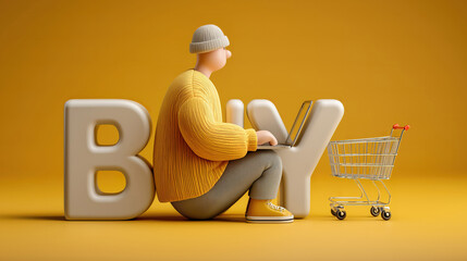 Customer browsing laptop with buy option and cart symbol for online shopping