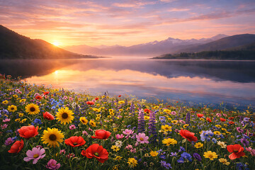 Obraz premium Golden sunrise over mountain lake with vibrant wildflower meadow and calm water reflection