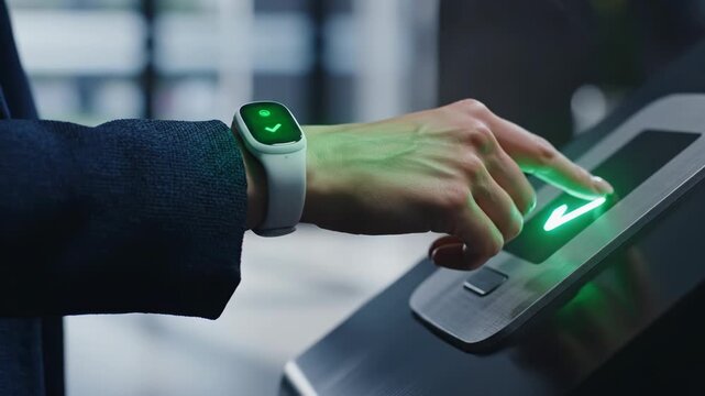 Close-up of a persons hand with a smartwatch using a biometric scanner for secure access, showing successful authentication with a green checkmark.
