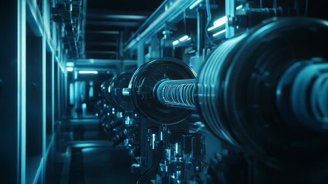 Industrial machinery and futuristic equipment working in a high tech facility, symbolizing advanced technological processes, automation, and a vision of future manufacturing systems