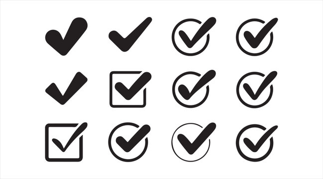 Tick and verified symbol monochrome icon set