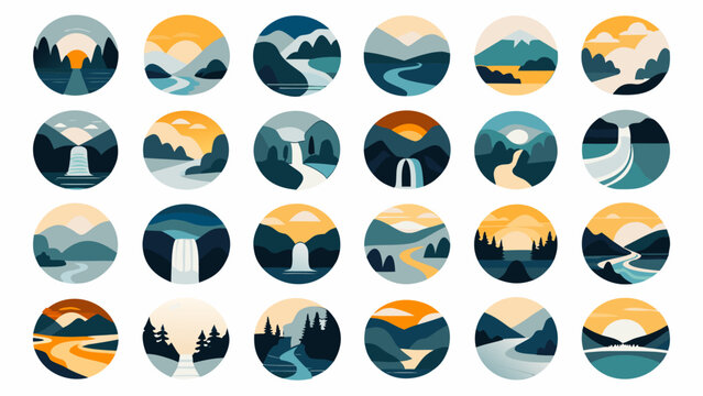 Waterfall and river landscape logo set. Flat geometric nature landscape icons. Travel adventure badge designs. Vector round mountain peak emblems
