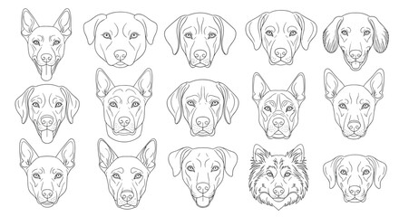 Fototapeta premium Extensive collection of dog head line art illustrations featuring various breeds with different ear shapes and expressions in a grid.