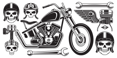 Motorcycle rider skull in helmet set with vintage chopper bike engine parts and wrench for garage design © Siyam Islam